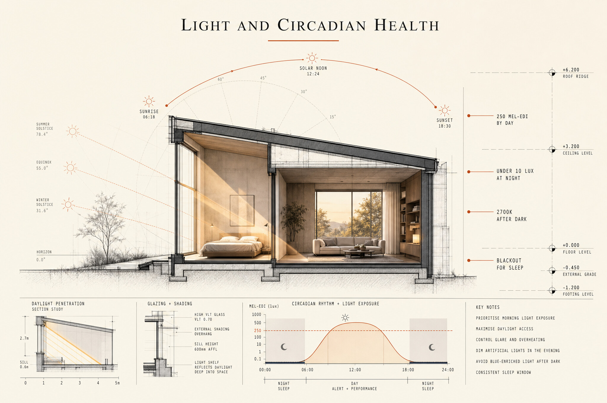MAVI board: a home cross-section showing bright cool daylight by day and warm dim light by night, tuned to the body clock