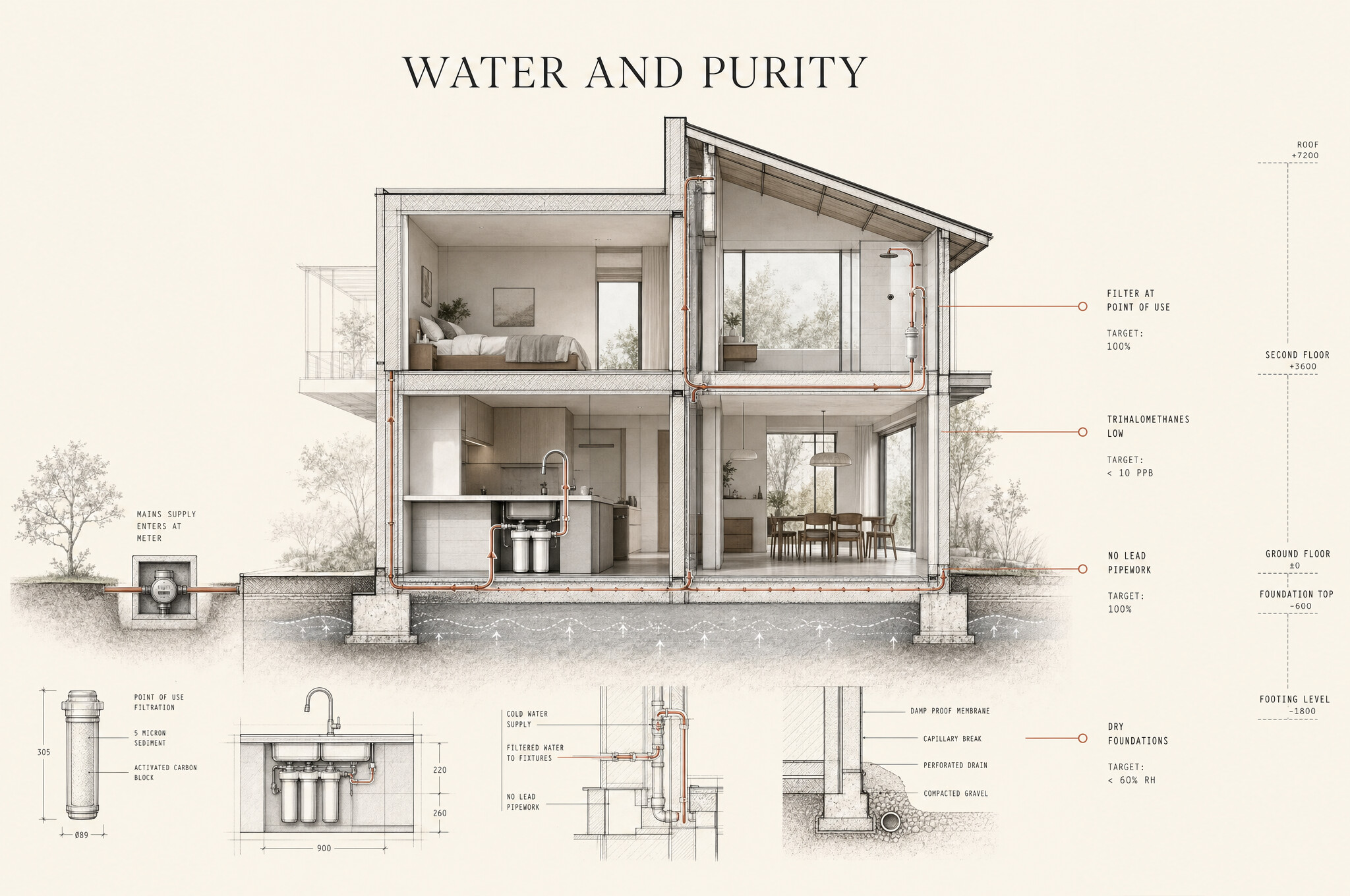 MAVI board: a home cross-section showing whole-home water filtration and point-of-use filtering at the shower