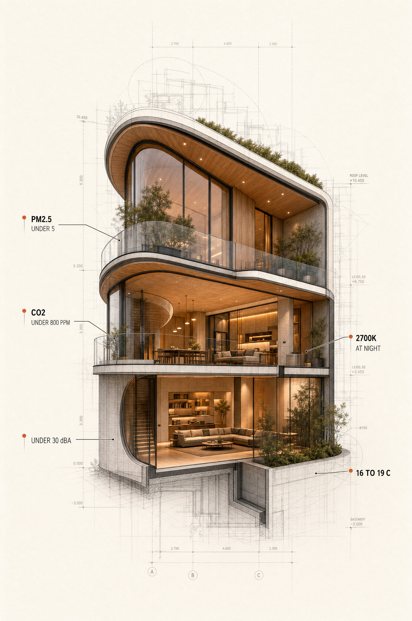 A cutaway of a home showing its interior scored across the MAVI domains