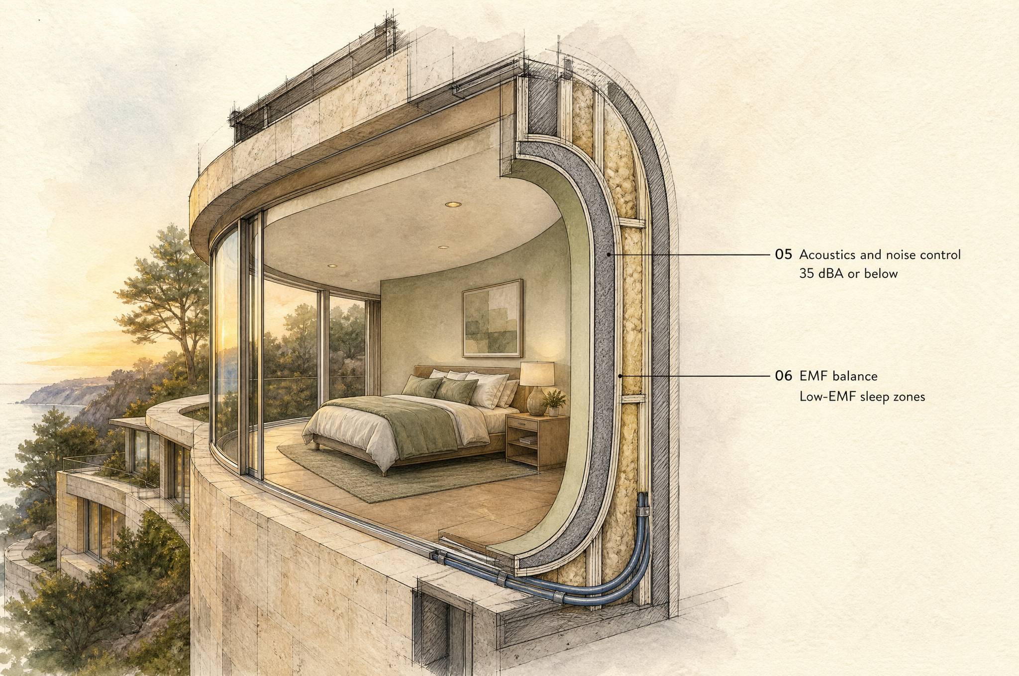 Watercolour wall-section showing acoustic insulation layers and hardwired Ethernet conduits.
