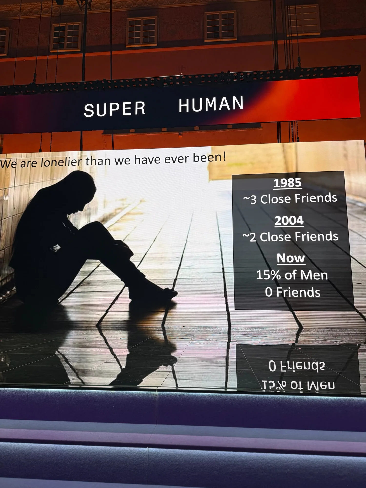 A stage slide reading We are lonelier than we have ever been, charting the decline in close friendships since 1985
