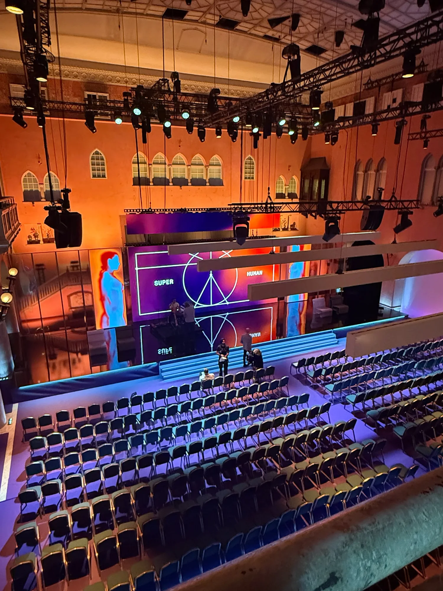 A wide view of the Super Human stage and auditorium
