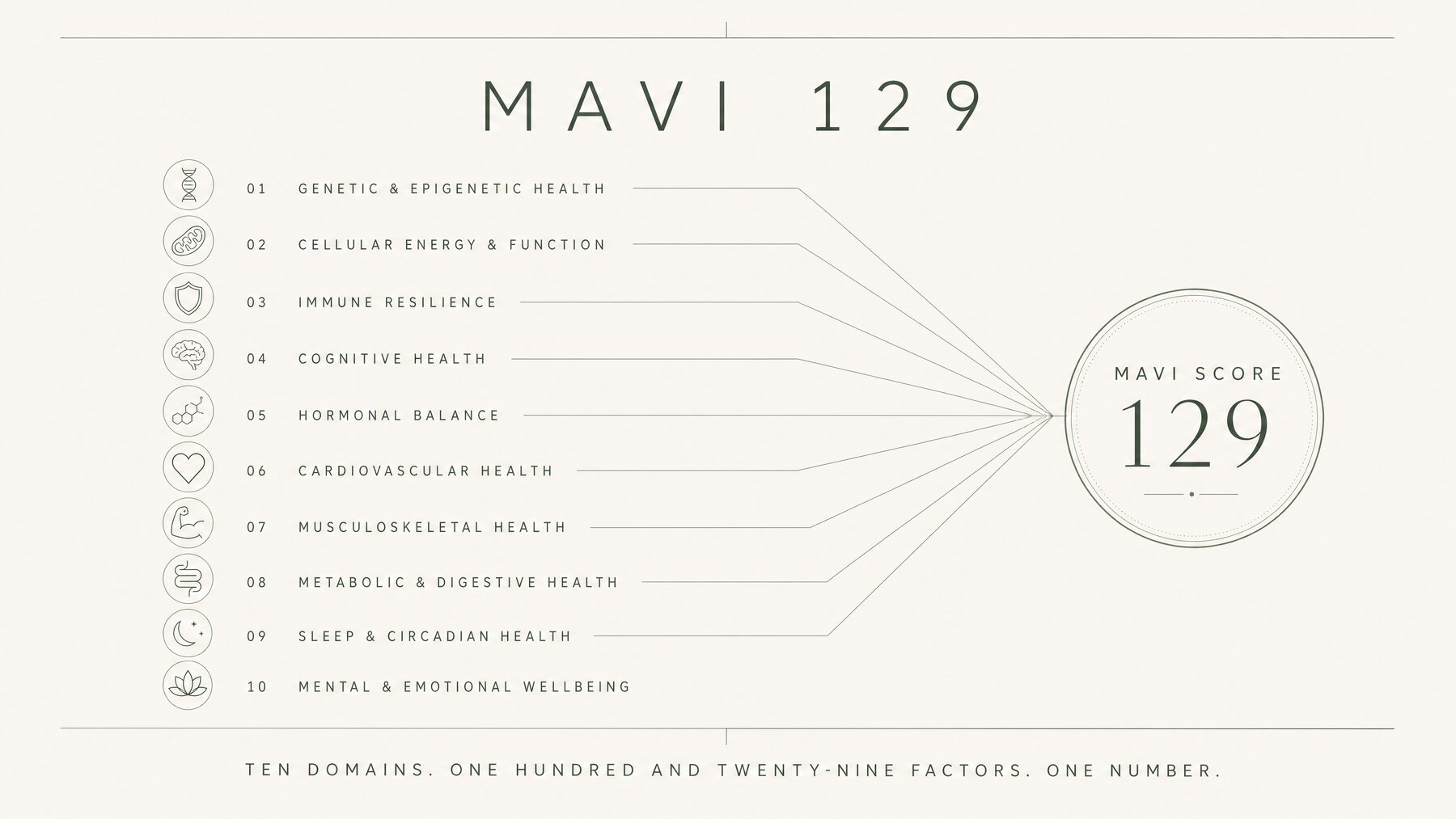MAVI board: the MAVI 129 framework, ten domains feeding into one score