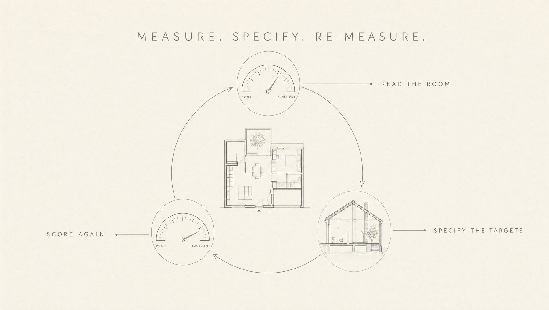 MAVI board: a three-step loop of measure, specify the targets, then score again, around a small floor plan