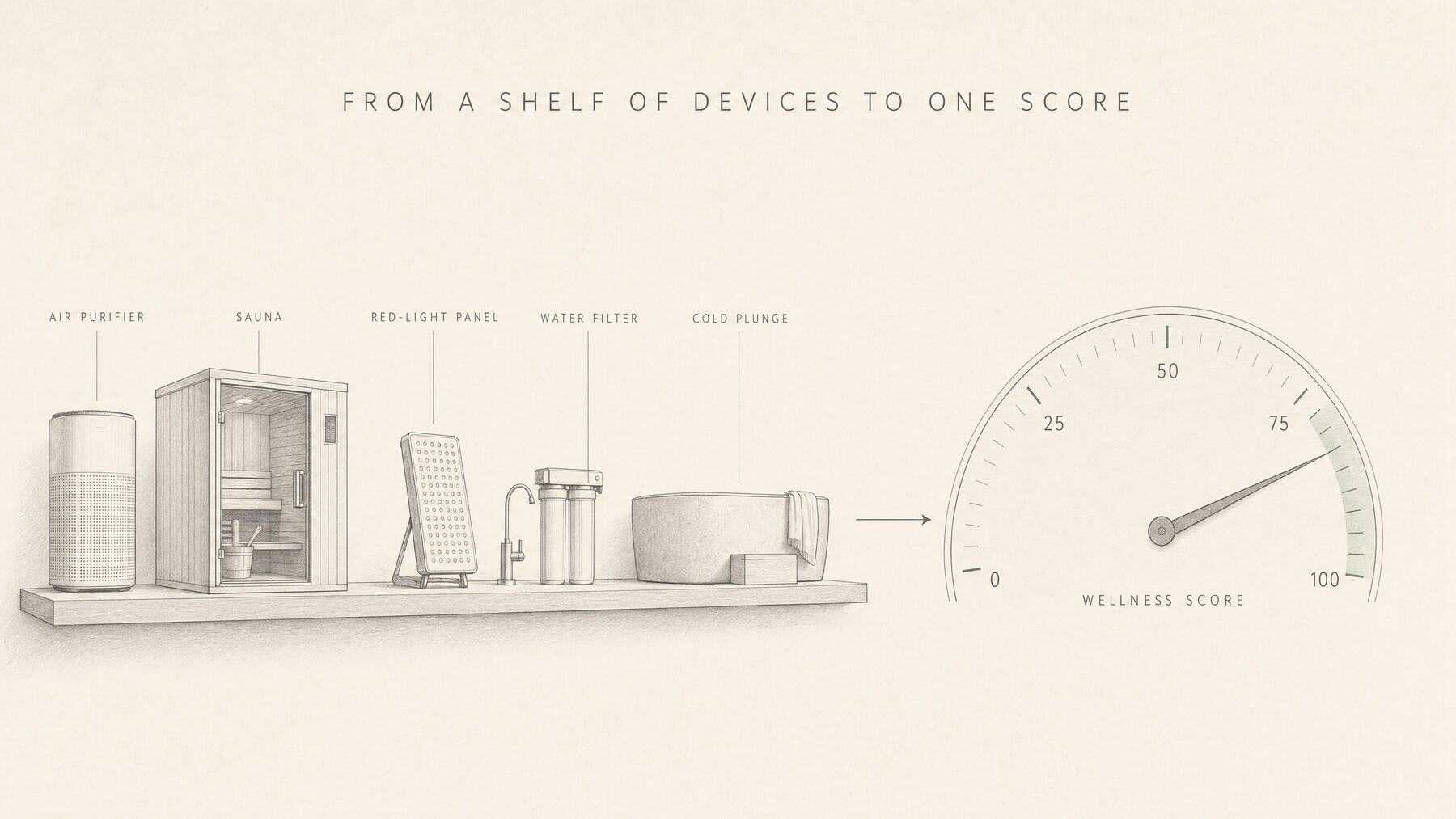 MAVI board: a shelf of separate wellness devices resolving into a single score