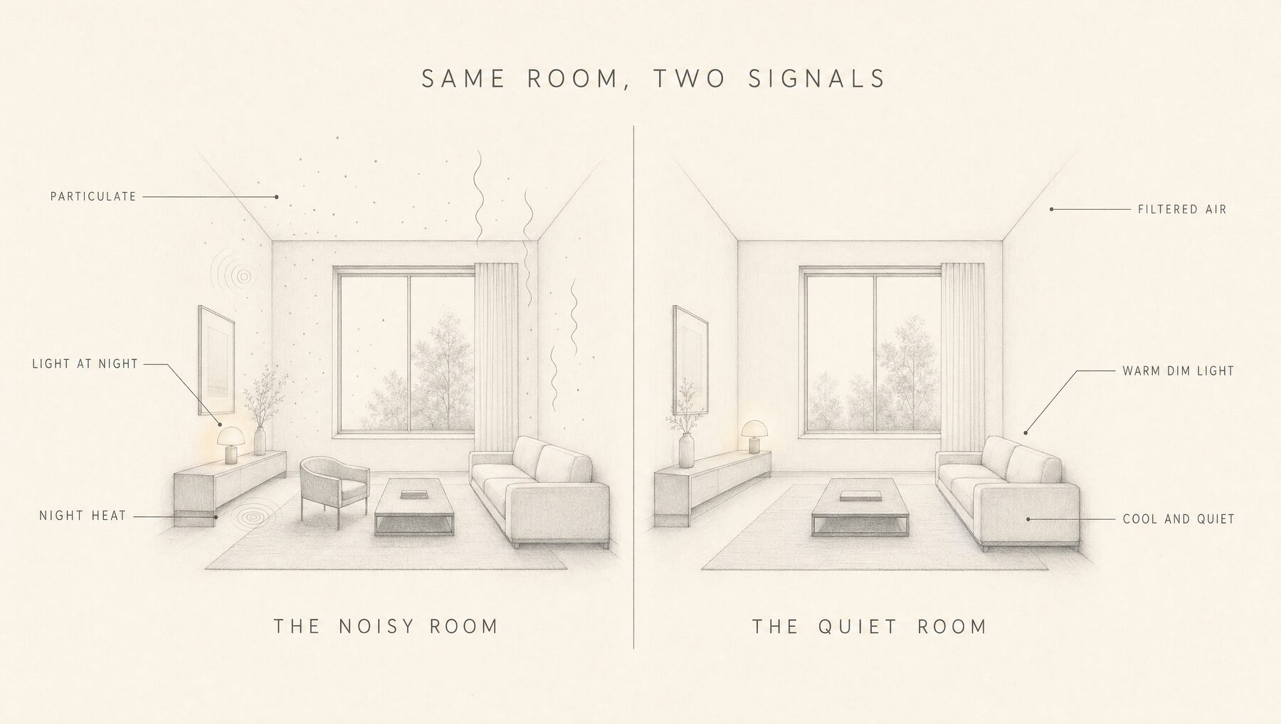 MAVI board: the same room drawn twice, one noisy and one quiet, with the inputs that scratch or protect the cell