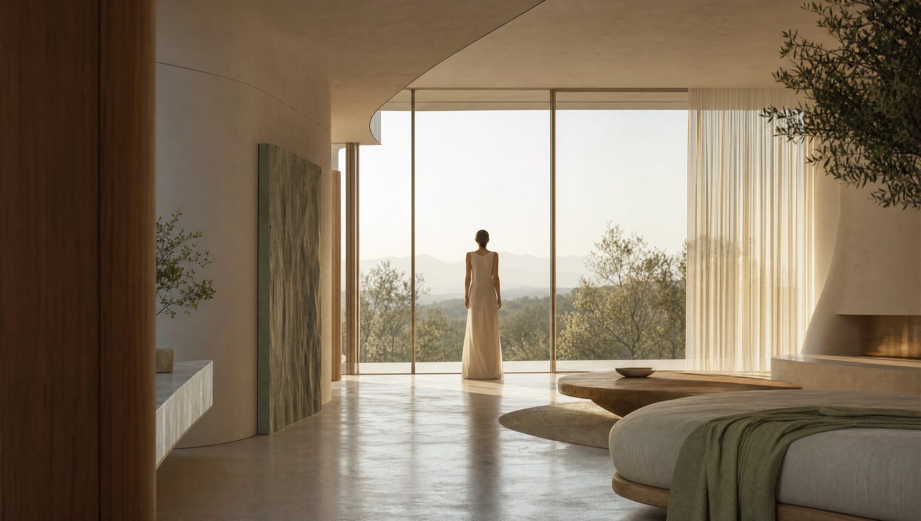 Morning daylight pouring through full-height glazing into a calm, curved interior
