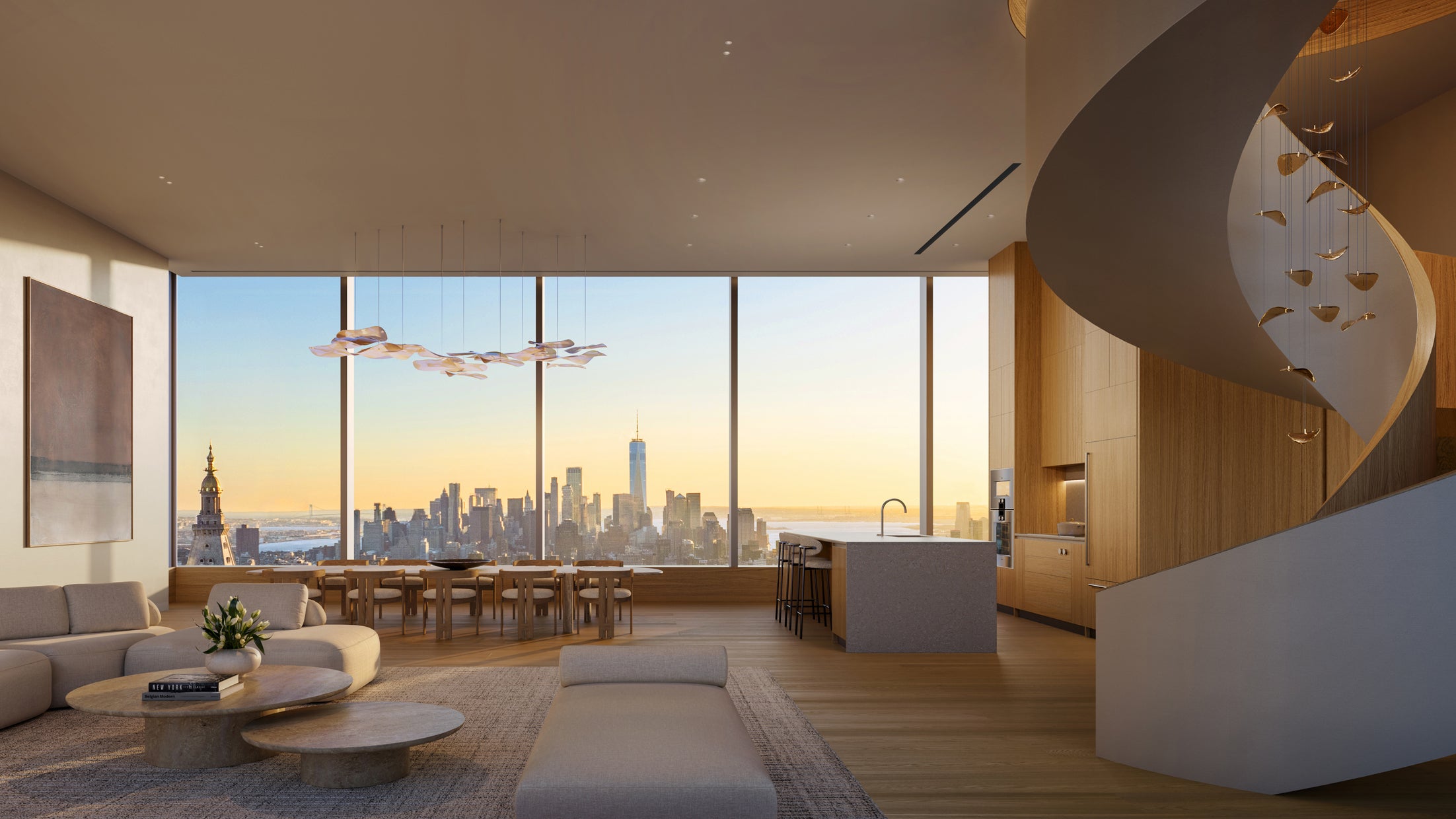 A penthouse living space above the Manhattan skyline at dusk, from the Fast Company feature on longevity architecture