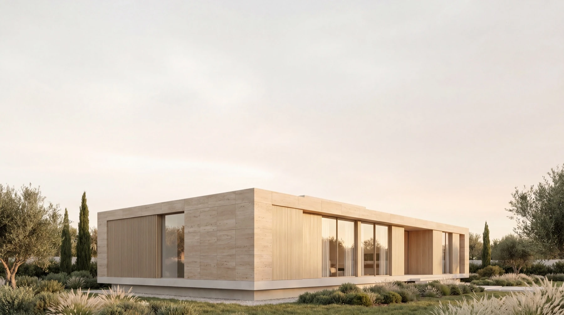 A modern home seen from the outside at golden hour