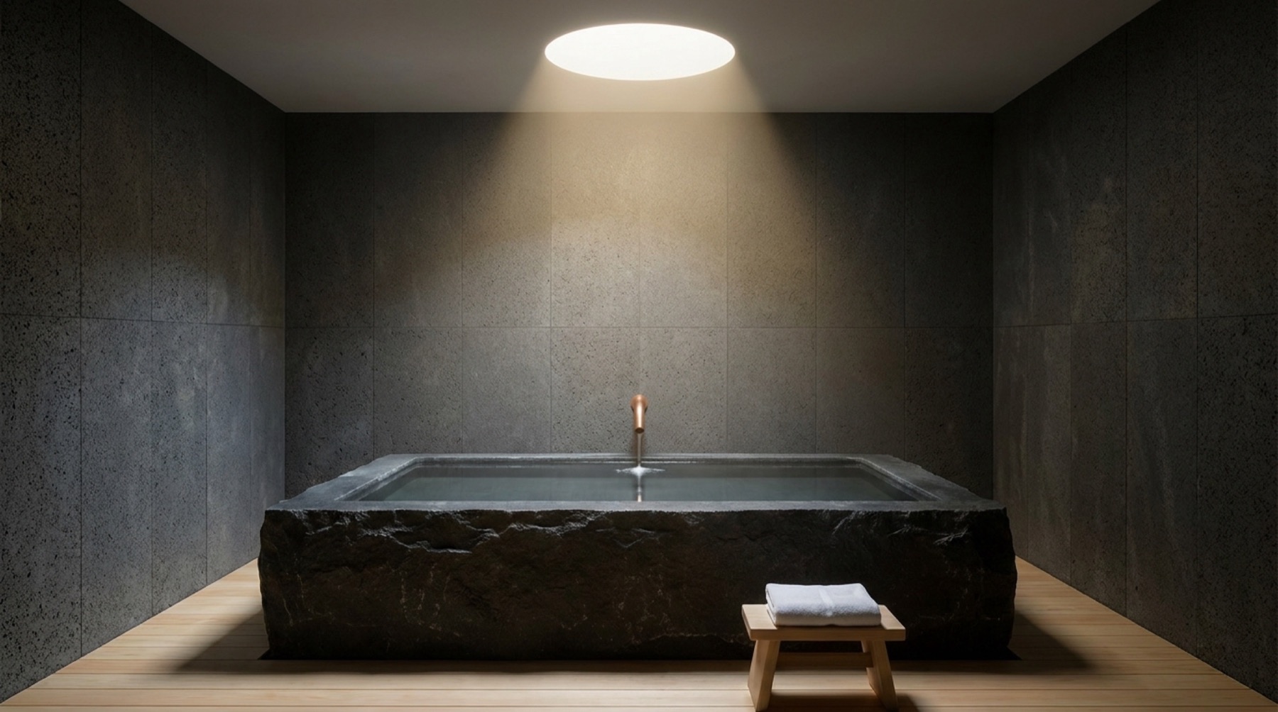 A stone bath under a single shaft of daylight
