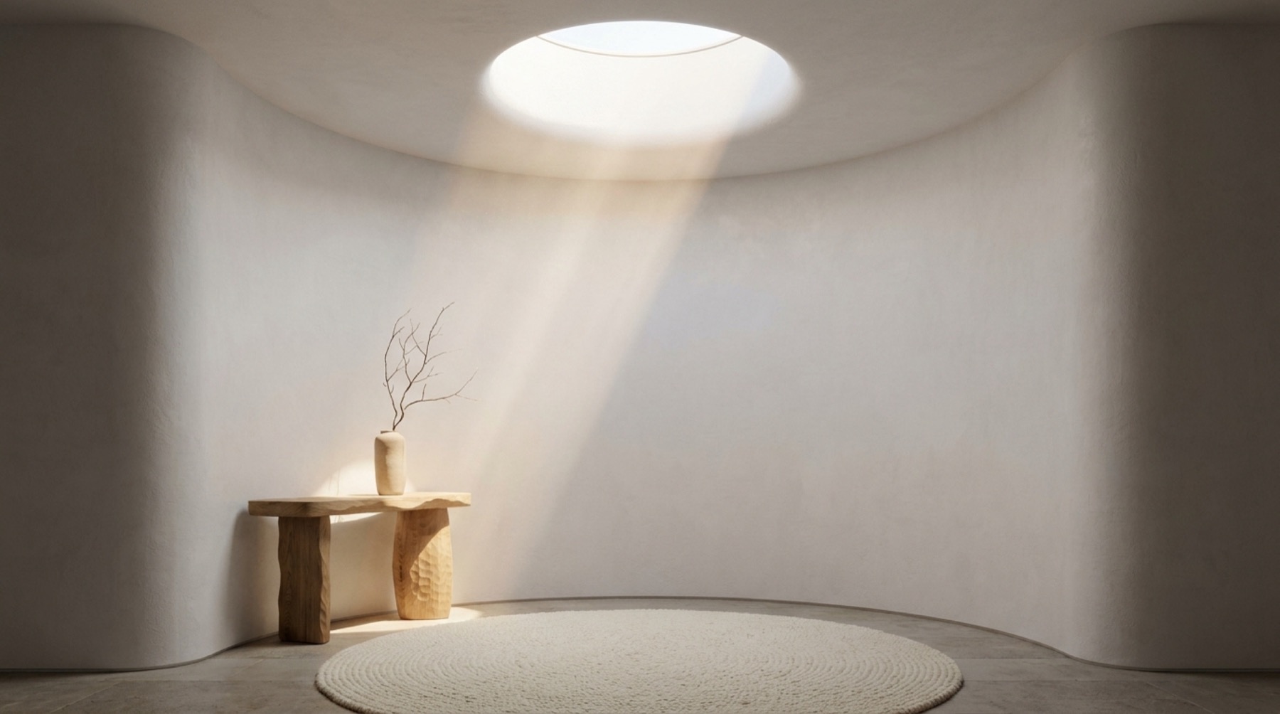 A single shaft of daylight falling through a circular skylight into a curved plaster room