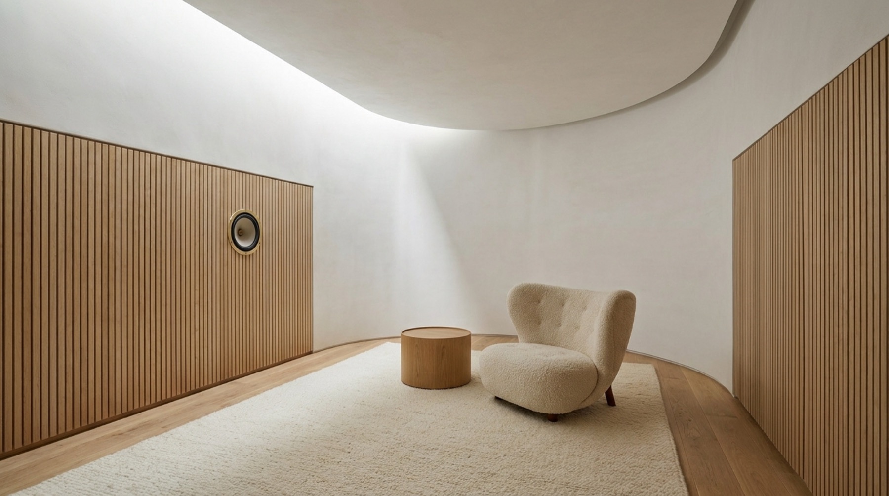 A curved plaster room with oak slat panelling running to the floor, daylight raking across the wall