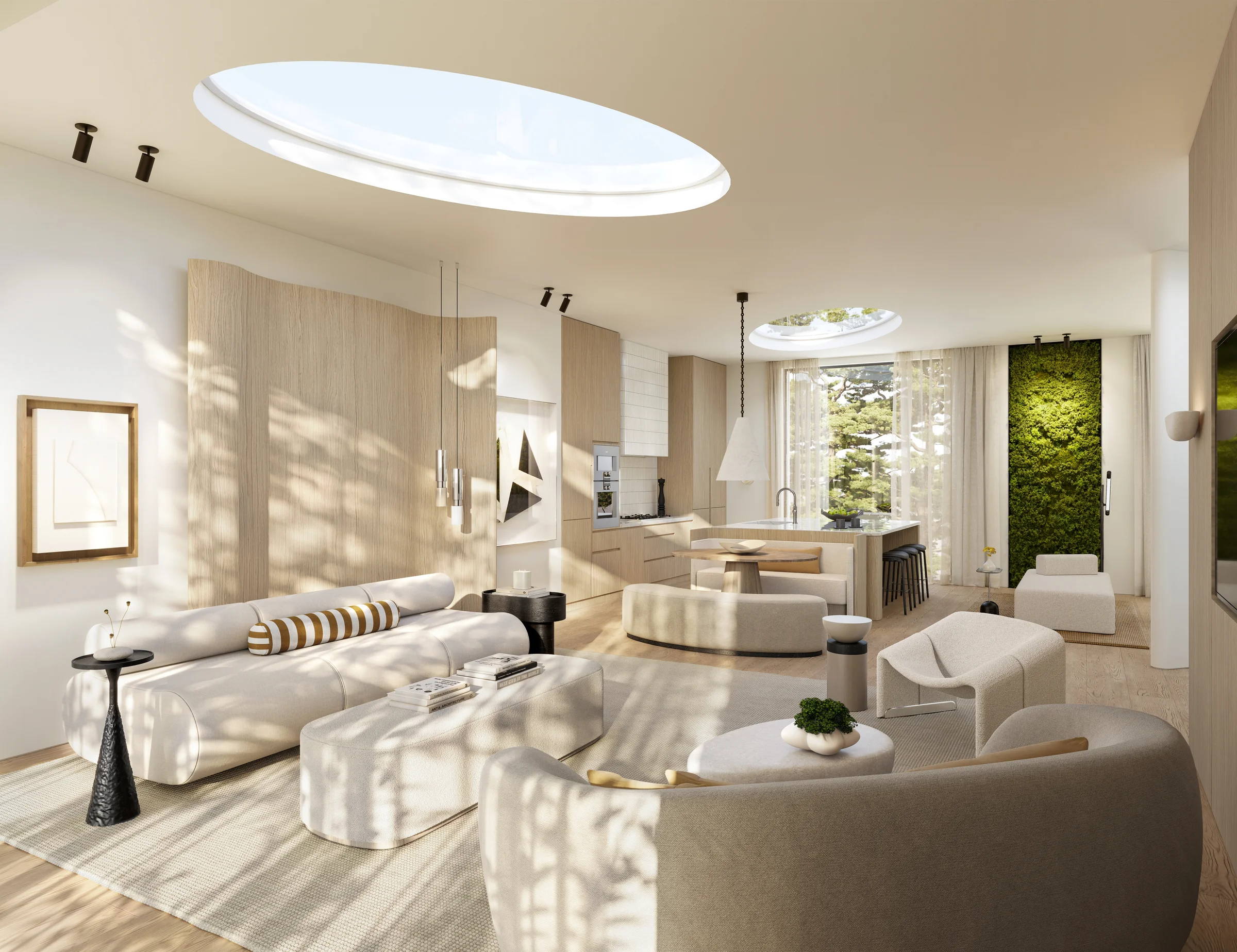 Cream rounded-edge sofa beneath an oval skylight, biophilic moss wall in the distance