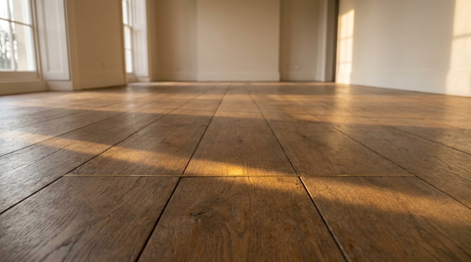 A deep oak floor catching afternoon light, a brass inlay running through