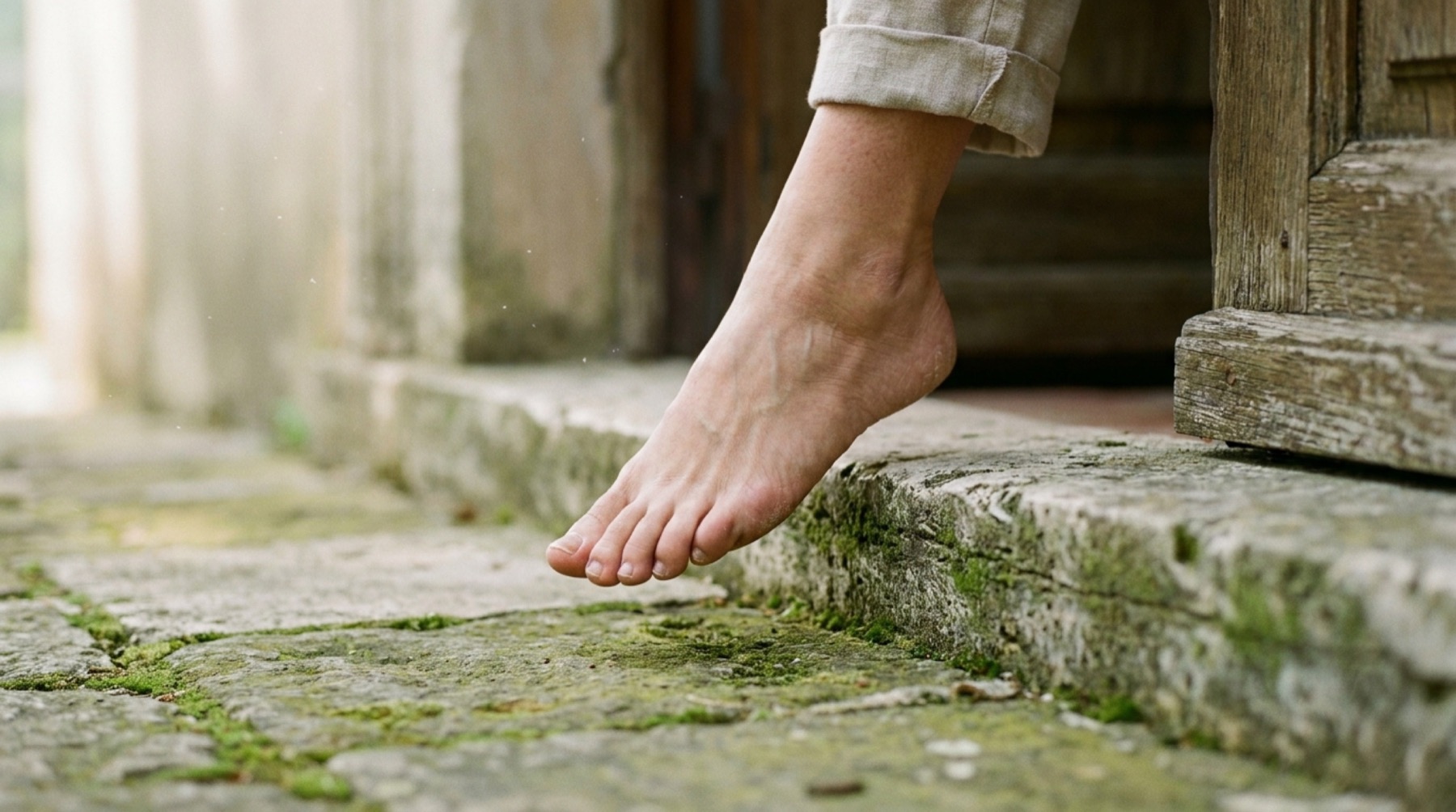 A single bare foot crossing a moss-edged travertine threshold