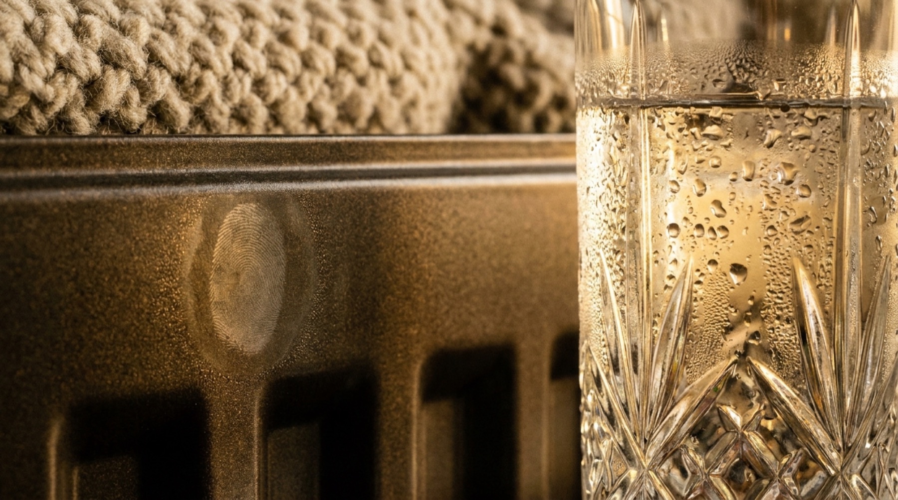 A sweating crystal water glass beside a bronze radiator